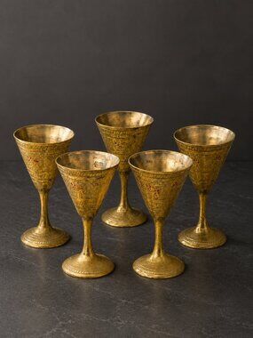 Vintage Set of 5 Engraved Brass Goblets Chalice Cups Etched Red Enamel - India